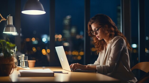 Donna d'affari che scrive sul portatile in ufficio a casa di notte