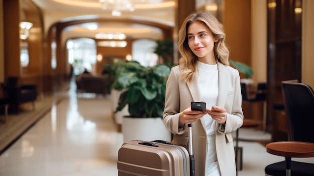 Donna d'affari con bagagli che effettua il check-in nella moderna hall dell'hotel Viaggio d'affari legato al lavoro