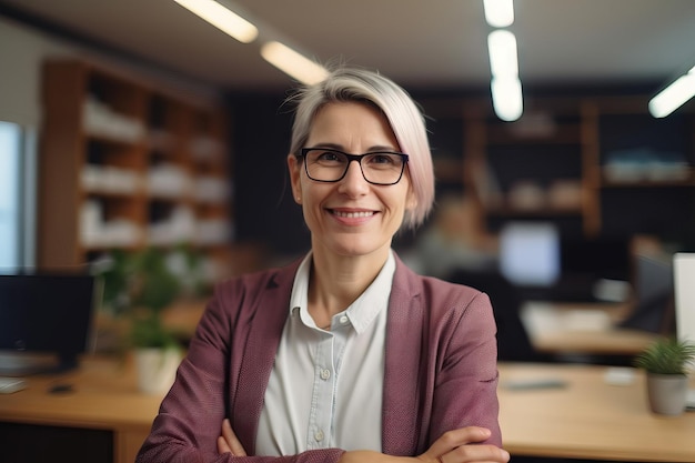 Donna d'affari con le braccia incrociate ritratto e scrivania sorridente in ufficio per il computer portatile o l'amministrazione di scartoffie