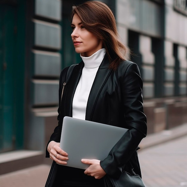 Donna d'affari con un laptop che cammina per strada