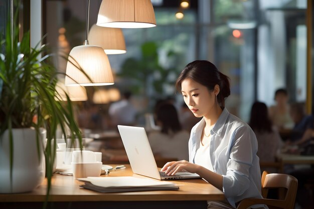 Donna d'affari concentrata che lavora su un portatile a un tavolo moderno in un ambiente di ufficio luminoso