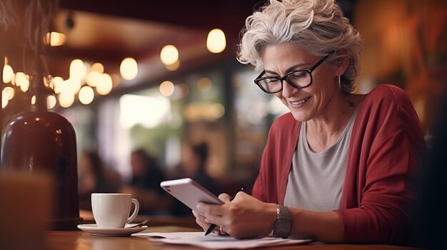 Donna d'affari dall'aspetto moderno su un portatile che lavora in un caffè