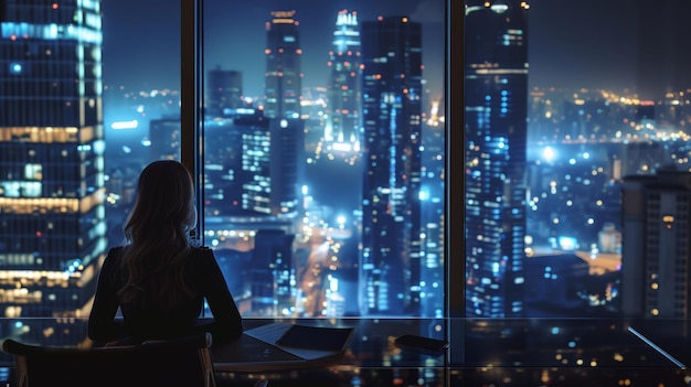 Donna d'affari dalla finestra della città notturna