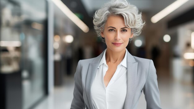 Donna d'affari di mezza età con capelli grigi eleganti che spicca in un gruppo diversificato di colleghi