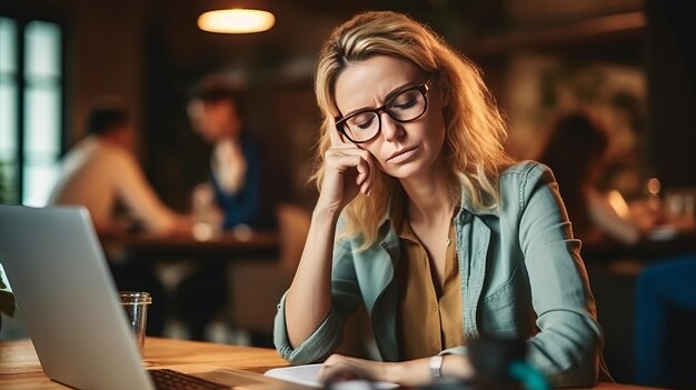 Donna d'affari di mezza età stressata alla sua scrivania