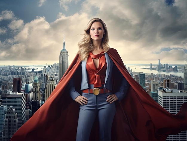 donna d'affari in piedi con un mantello di supereroe nello stile di New York City soggetto