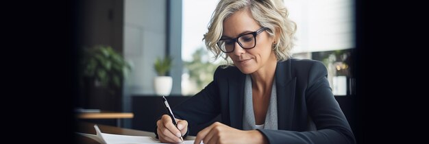 Donna d'affari matura che scrive nel suo diario in un ufficio