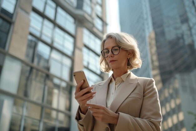 Donna d'affari matura con gli occhiali in una strada della città usa uno smartphone e guarda da un'altra parte