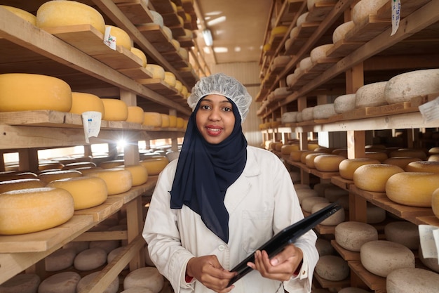 donna d'affari musulmana africana nera mediorientale in un'azienda di produzione di formaggio locale