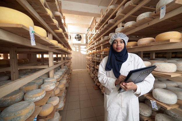 donna d'affari musulmana africana nera mediorientale in un'azienda di produzione di formaggio locale