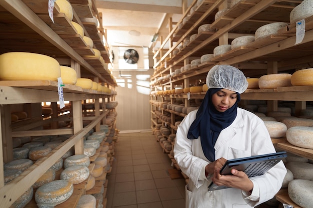 donna d'affari musulmana africana nera mediorientale in un'azienda di produzione di formaggio locale