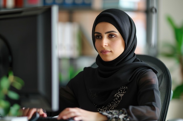 donna d'affari musulmana che lavora al computer in ufficio e pensa