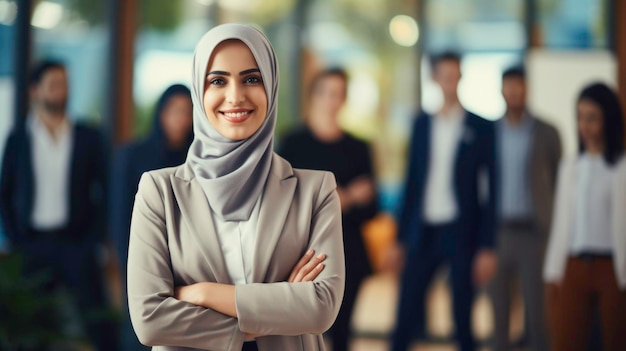 Donna d'affari musulmana di successo che sorride fiduciosa con le braccia incrociate manager donna in ufficio