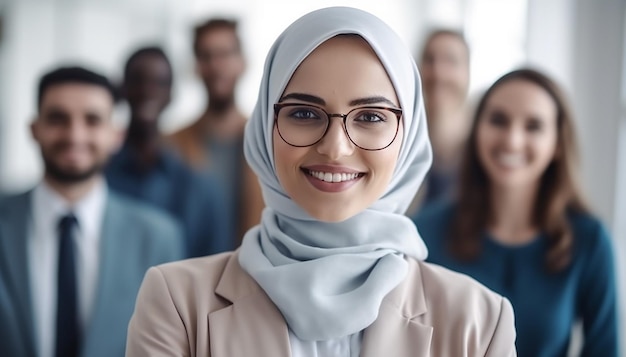 Donna d'affari musulmana di successo che sorride fiduciosa con le braccia incrociate manager femminile in ufficio