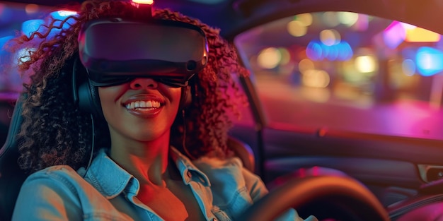 Donna d'affari nella VR googlia seduta in macchina e gira il volante in una macchina divertendosi e giocando a giochi con la realtà aumentata