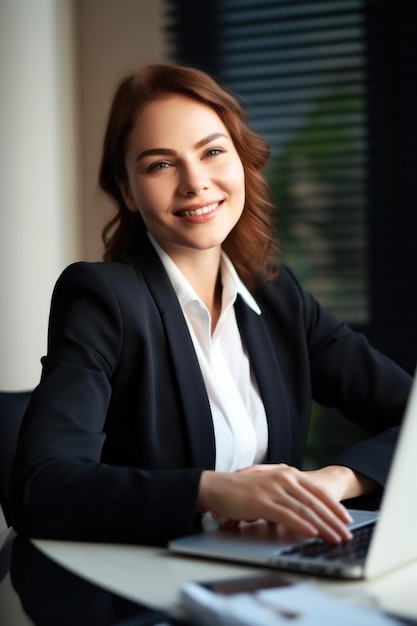 Donna d'affari portatile e parlare con un sorriso in un ufficio al lavoro o in azienda