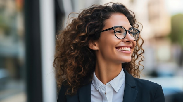 Donna d'affari professionale allegra, felice, che ride, donna impiegata che indossa occhiali che guarda lontano nello spazio di copia, pubblicità, opportunità di lavoro o buoni servizi commerciali