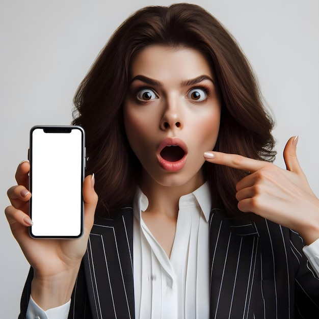 Donna d'affari scioccata con uno smartphone con schermo bianco su sfondo solido