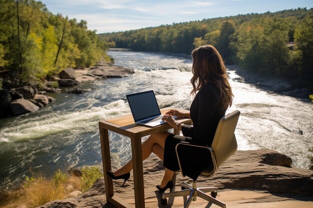Donna d'affari seduta accanto a un fiume e che lavora a lungo vista