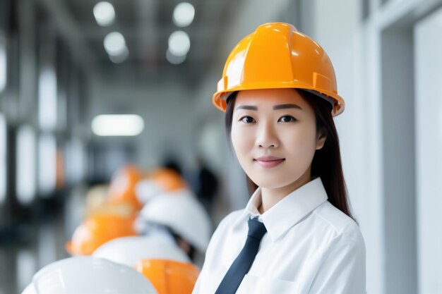 Donna d'affari sorriso ingegnere cappello lavoro industriale industria asiatica ritratto casco AI generativa