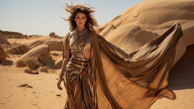Donna d'alta moda con un vestito lungo in un deserto