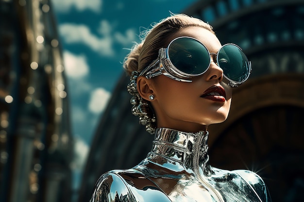 Donna d'argento con un abito d' argento con occhiali da sole in stile gadget futuristico di colore turchese scuro