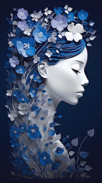 Donna d'argento e blu adornata con eleganza floreale