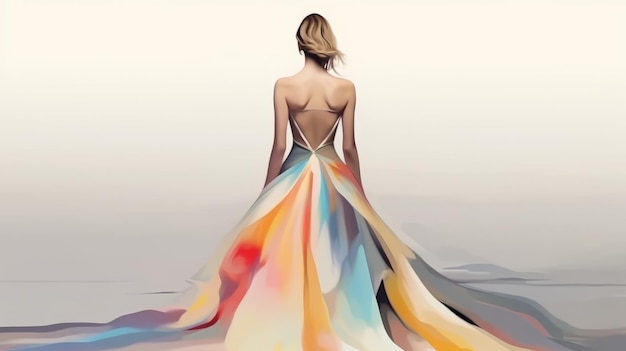 Donna d'arte astratta che indossa un vestito vibrante e colorato
