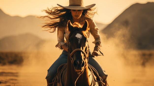 donna da cowboy a cavallo al tramonto