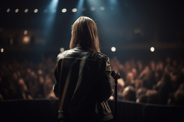 donna da dietro che parla al pubblico IA generativa