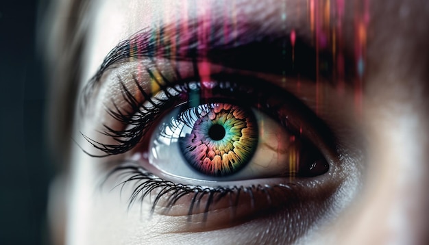 Donna dagli occhi azzurri che fissa in modo astratto la tecnologia di sorveglianza futuristica generata dall'intelligenza artificiale