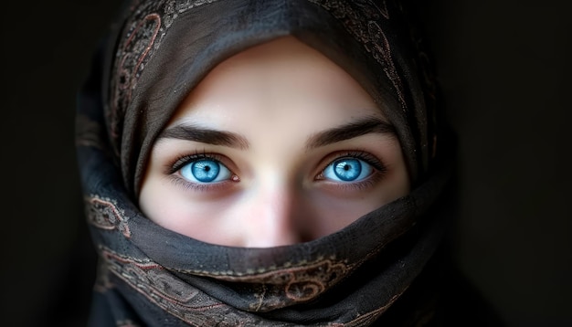 Donna dagli occhi blu che indossa l'hijab, abbigliamento tradizionale islamico