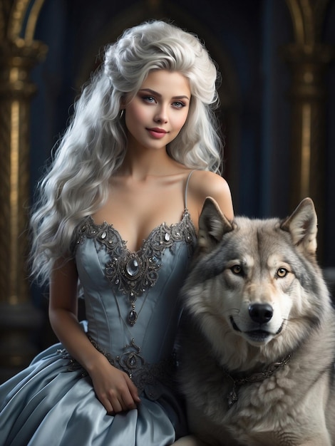 donna dai capelli bianchi con un lupo