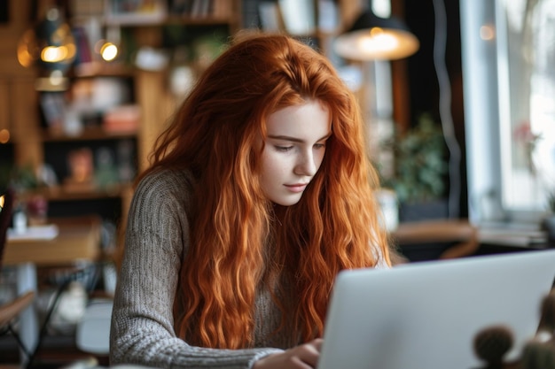 Donna dai capelli rossi abbraccia l'istruzione moderna interagendo con un insegnante tramite l'apprendimento online