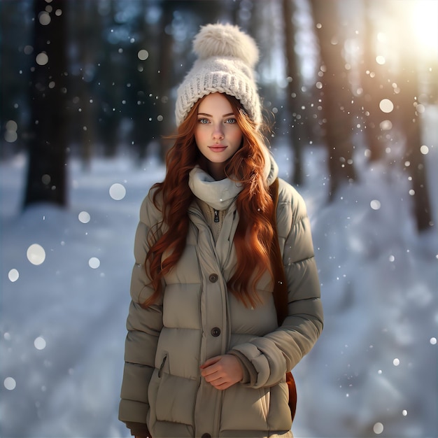 Donna dai capelli rossi che indossa un caldo cappotto invernale e un cappello di lana in piedi nella neve e alla luce del sole