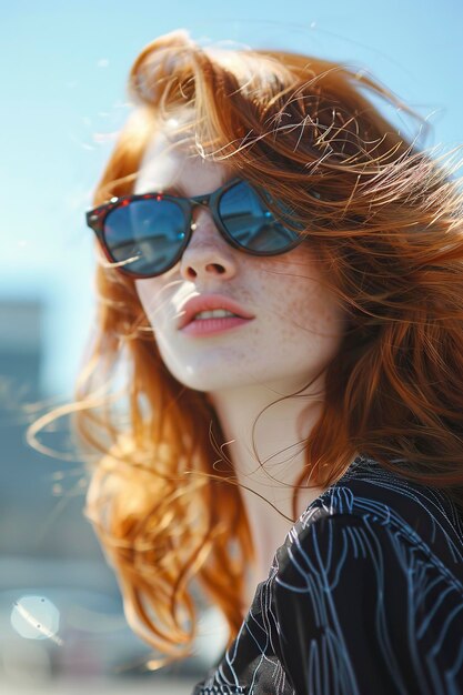 Donna dai capelli rossi con gli occhiali da sole per strada