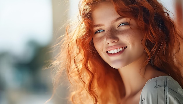 Donna dai capelli rossi con occhi chiari sorridente concetto di primavera