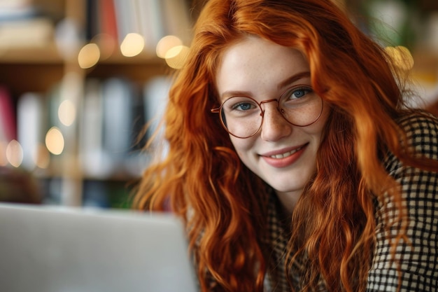 Donna dai capelli rossi esplora l'apprendimento online abbracciando l'istruzione moderna con una connessione personale