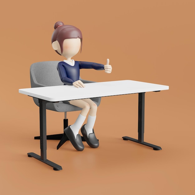 donna del fumetto 3d che si siede nella sedia con l'illustrazione del computer portatile isolata su fondo bianco