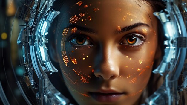 Donna del futuro con pannello oculare di tecnologia informatica AI generativa