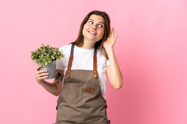 Donna del giardiniere che tiene una pianta isolata su fondo rosa che ascolta qualcosa mettendo la mano sull'orecchio
