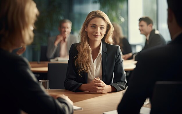 Donna del lavoro di squadra in una riunione collaborativa