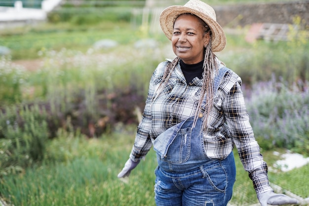 Donna dell'agricoltore afroamericano che lavora all'aperto sul campo di agricoltura