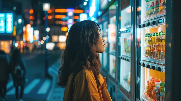 Donna dell'eleganza notturna che posa davanti al distributore automatico digitale