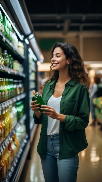 donna dello shopping che guarda gli scaffali del supermercato