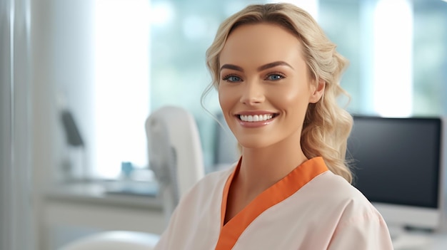 Donna dentista europea che sorride mentre lavora con un paziente