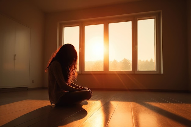 Donna depressa solitaria infelice a casa è seduta nella stanza vuota concetto di depressione al tramonto