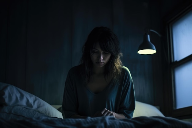 Donna depressiva sola in una camera da letto buia che si sente stressata, triste e preoccupata
