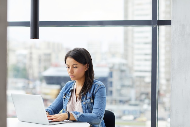 Donna di affari che scrive sul computer portatile all'ufficio