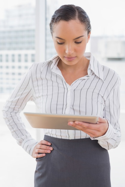 Donna di affari concentrata che per mezzo del suo pc della compressa